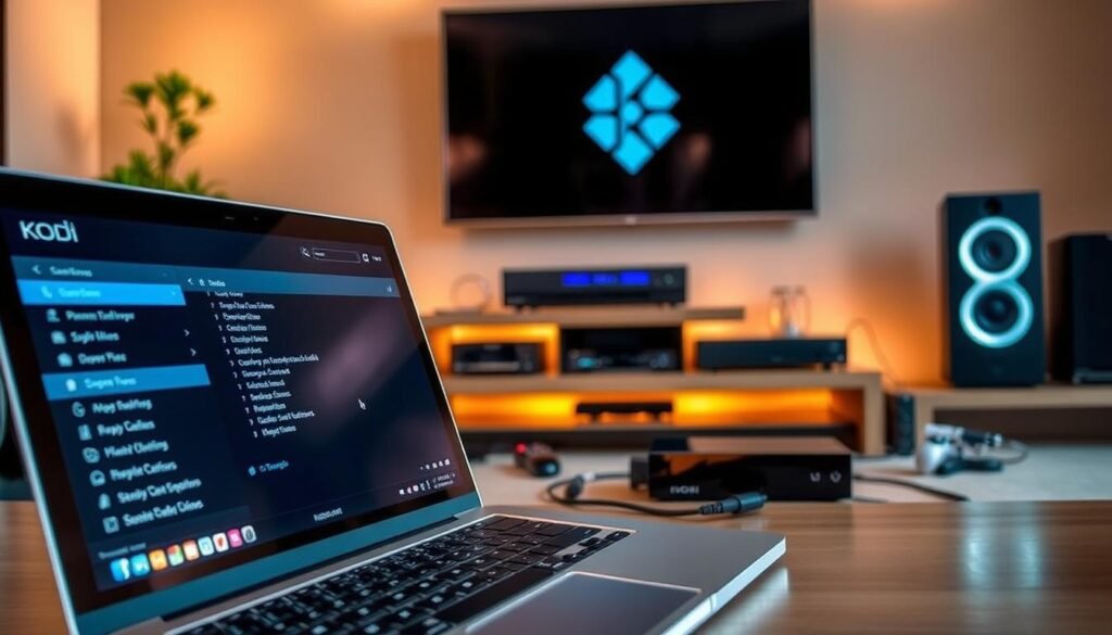 A detailed troubleshooting guide for the Kodi media player, presented against a backdrop of a sleek, modern home entertainment setup. In the foreground, a laptop screen displays the Kodi interface, with various menus and settings clearly visible. In the middle ground, an array of electronic devices - gaming console, streaming box, and various cables - suggest a well-equipped home theater system. The background features warm, ambient lighting, creating a cozy and inviting atmosphere, hinting at the guide's practical usefulness for a wide range of Kodi users. The overall composition conveys a sense of technical expertise and user-friendly guidance, perfectly suited for the "User Feedback and Updates: Keeping Modro Relevant" section of the article.