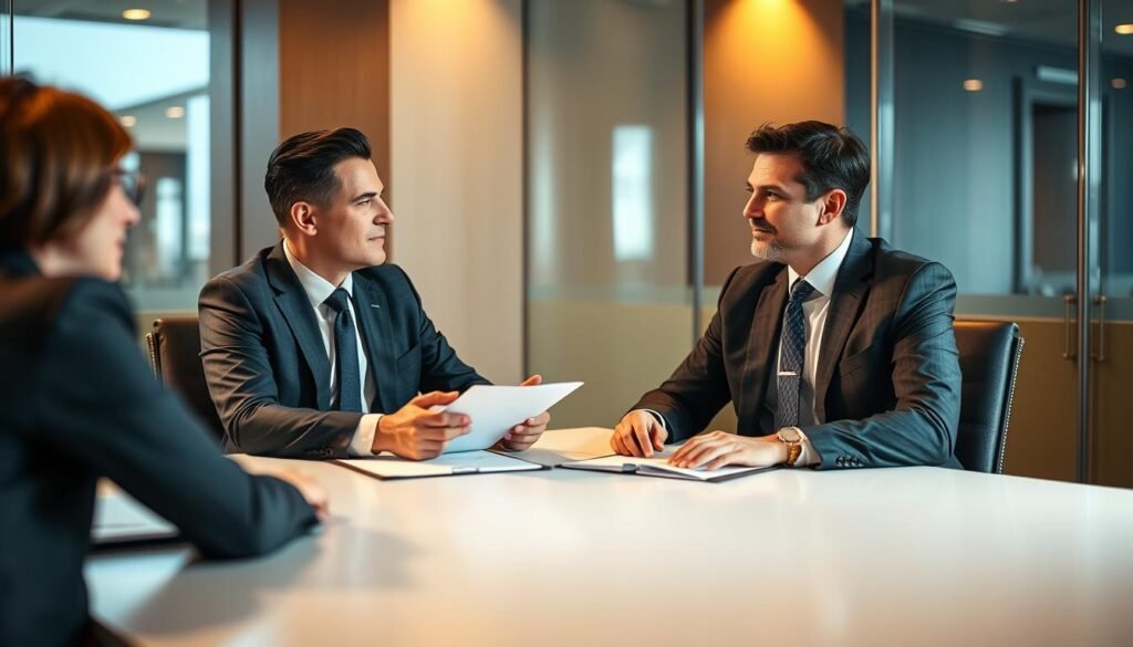 A professional business person dressed in a sharp suit, sitting at a negotiation table with an event organizer, discussing emcee rates and contract terms in a mid-afternoon meeting in a modern, well-lit conference room. The lighting is warm and diffused, creating a sense of calm and professionalism. The camera angle is slightly elevated, giving a bird's-eye view of the transaction, emphasizing the importance of the negotiation process. The overall mood is one of thoughtful consideration and mutual understanding as the two parties work towards a mutually beneficial agreement.