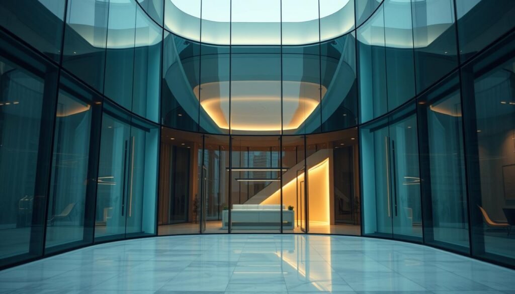 A sleek, futuristic glass structure with dynamic, electrochromic panels that intelligently respond to light and temperature, seamlessly blending function and aesthetic. The facade gently curves, reflecting the surrounding environment in a mesmerizing dance of light and shadow. The glass panels shift between transparent and tinted states, radiating a sense of technological sophistication. Precisely engineered lighting casts a warm, inviting glow, illuminating the interior and drawing the eye upward towards the innovative, minimalist design. This intelligent glass innovation represents a bold, sustainable vision for the built environment, pushing the boundaries of what is possible with smart, adaptive materials.