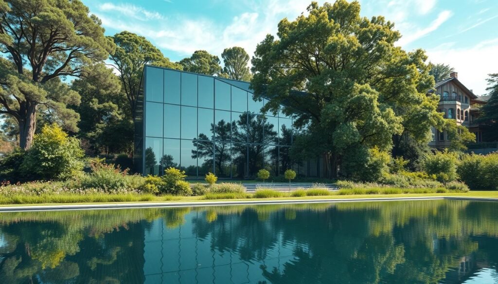 A sleek, modern glass structure nestled amidst a lush, verdant landscape. The facade gleams with an ethereal, electrochromic sheen, its tint shifting seamlessly to control light and temperature. Smooth, clean lines and sharp angles create an elegant, minimalist silhouette, accentuated by the interplay of light and shadow. In the foreground, a tranquil reflection pool mirrors the building's mesmerizing form, while the background features a harmonious blend of towering trees and a vibrant, azure sky. The overall scene exudes a sense of sustainable sophistication, showcasing the power of cutting-edge glass technology to elevate contemporary architectural design.