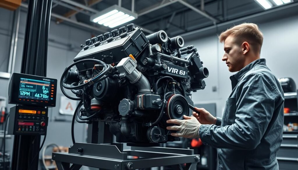 A well-lit, high-resolution image of a VR6 engine undergoing a series of performance tests in a modern auto repair shop. The engine is mounted on a sturdy test stand, with various diagnostic tools and instruments connected to it. The technician is carefully monitoring the engine's vital signs - RPM, oil pressure, coolant temperature, and exhaust emissions - on a series of digital displays. The atmosphere is one of focused professionalism, with the technician wearing a clean, oil-stained mechanic's uniform. The lighting is a balance of bright overhead lamps and softer, directional spotlights, creating well-defined shadows and highlights that emphasize the engine's intricate details. The scene conveys a sense of the technician's expertise and the importance of these final checks before the engine is ready to be reinstalled in the vehicle.