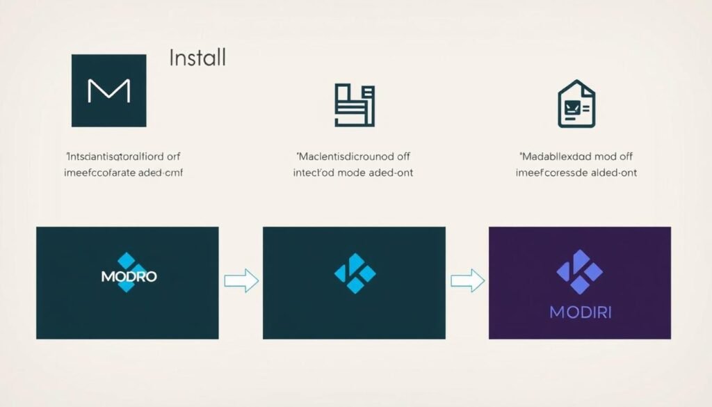 A well-lit, step-by-step instructional diagram illustrating the process of installing the Modro add-on on the Kodi media center application. The diagram should feature a clean, minimalist design with clear, labeled steps arranged in a logical, left-to-right progression. The background should be a soft, neutral color to allow the steps to stand out. The diagram should use simple iconography and muted colors to convey a sense of professionalism and ease of use. The overall mood should be informative and accessible, guiding the viewer through the installation process in a clear and concise manner.