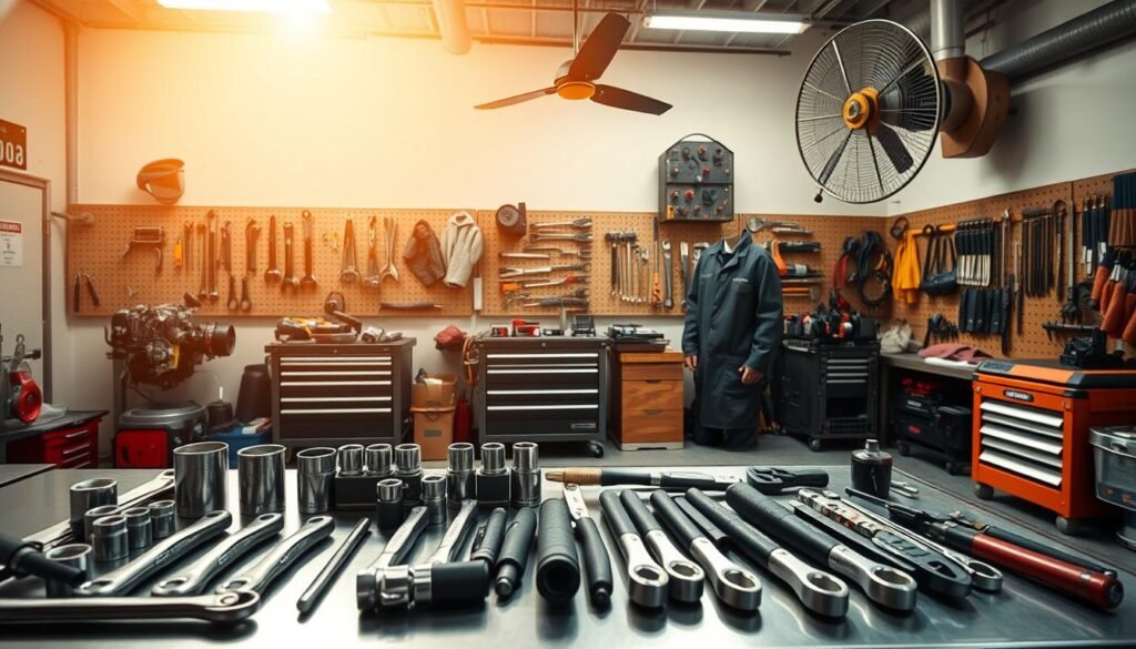 An expansive engine workshop, bathed in warm, diffused overhead lighting. In the foreground, an assortment of precision tools neatly arranged on a metal workbench - wrenches, sockets, pliers, and a torque wrench. In the middle ground, a rolling tool chest stands ready, its drawers containing specialized equipment. Safety gear hangs nearby, including a face shield, gloves, and a heavy-duty shop apron. In the background, a wall-mounted pegboard displays a variety of other tools, while a large industrial fan circulates the air, ensuring a well-ventilated workspace. The overall atmosphere conveys a sense of order, organization, and a commitment to safe, professional practices.